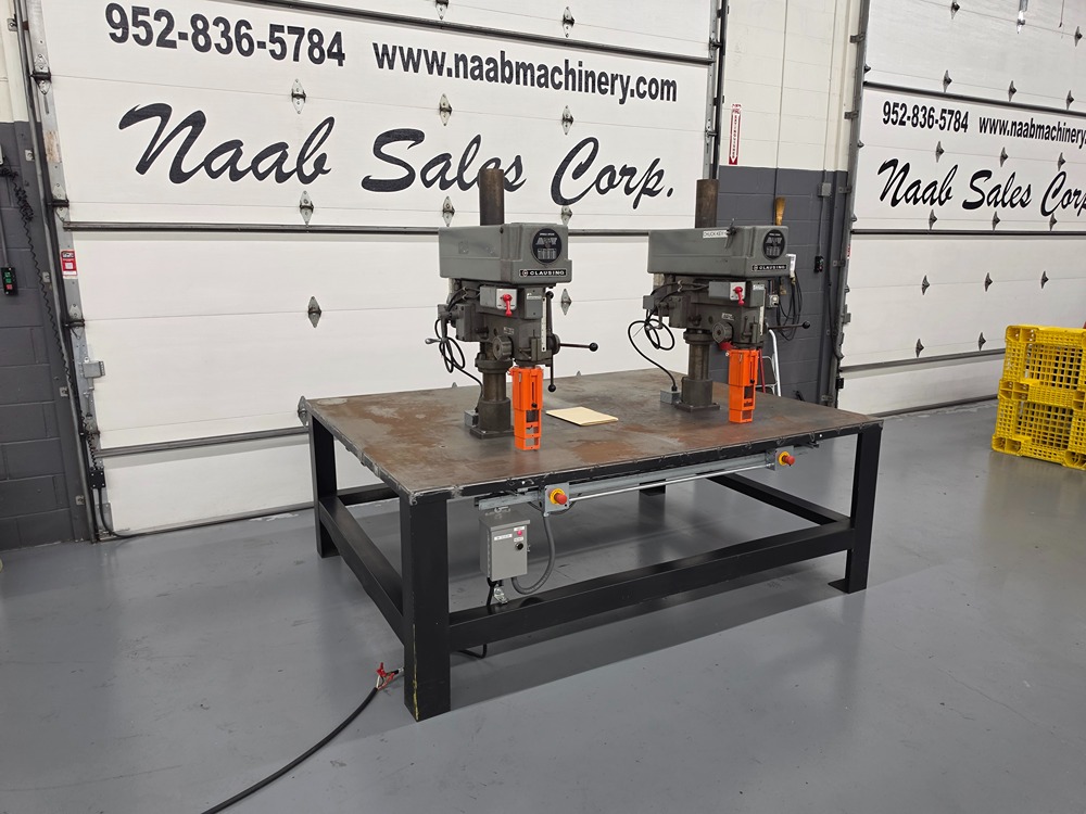 2 Spindle Clausing #2236, Dual-Head Drill Press Station, 20" drill heads, 90" x 68" shop made table, chuck