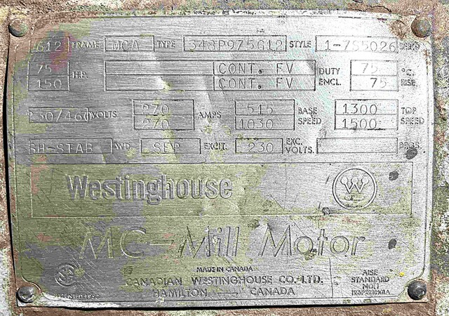 75 HP 515/1300 RPM Westinghouse, Frame MCA612, FV, Stab Shunt, 230 Volts, DC Crane and Mill Motor