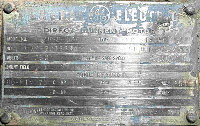 100 HP 485 RPM General Electric, Frame MD614AE, TENV, Shunt, 230 Volts, DC Crane and Mill Motor (2 available)