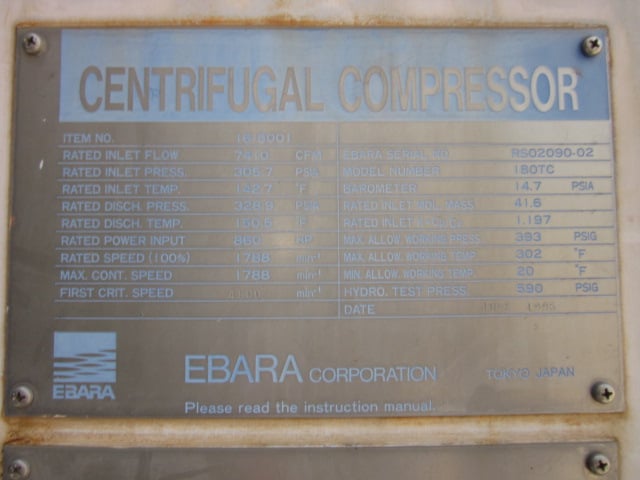 7410 ACFM, Ebara #180-TC, centrifugal gas compressor, gas service, 291/312 PSIA, 1000 HP, 4800 RPM, motor