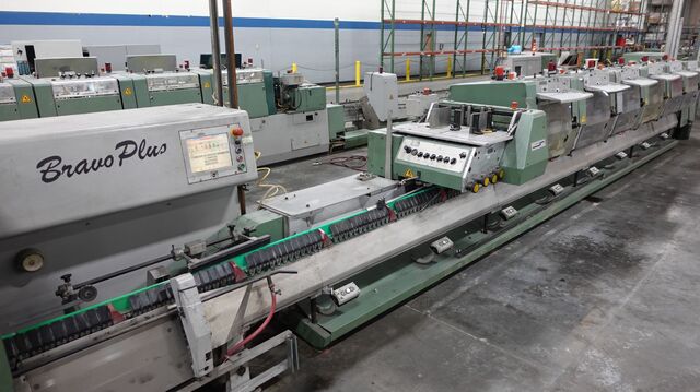 Muller Martini #Bravo-Plus, Saddle Stitcher, (6) Pockets, 1528 Cover Feeder, 380 Stitcher, 449 Three Knife
