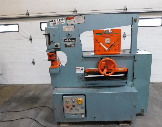 6" x 6" x 3/8" Scotchman #6509-24M, hydraulic ironworker, 60 ton, 1-1/16" punch, 9" throat, 5 HP, 2000