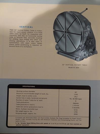 30" Pratt & Whitney #M-1835, vertical rotary table, 1,200 lb. work capacity, (8) T-slots, 1/2 HP reversible