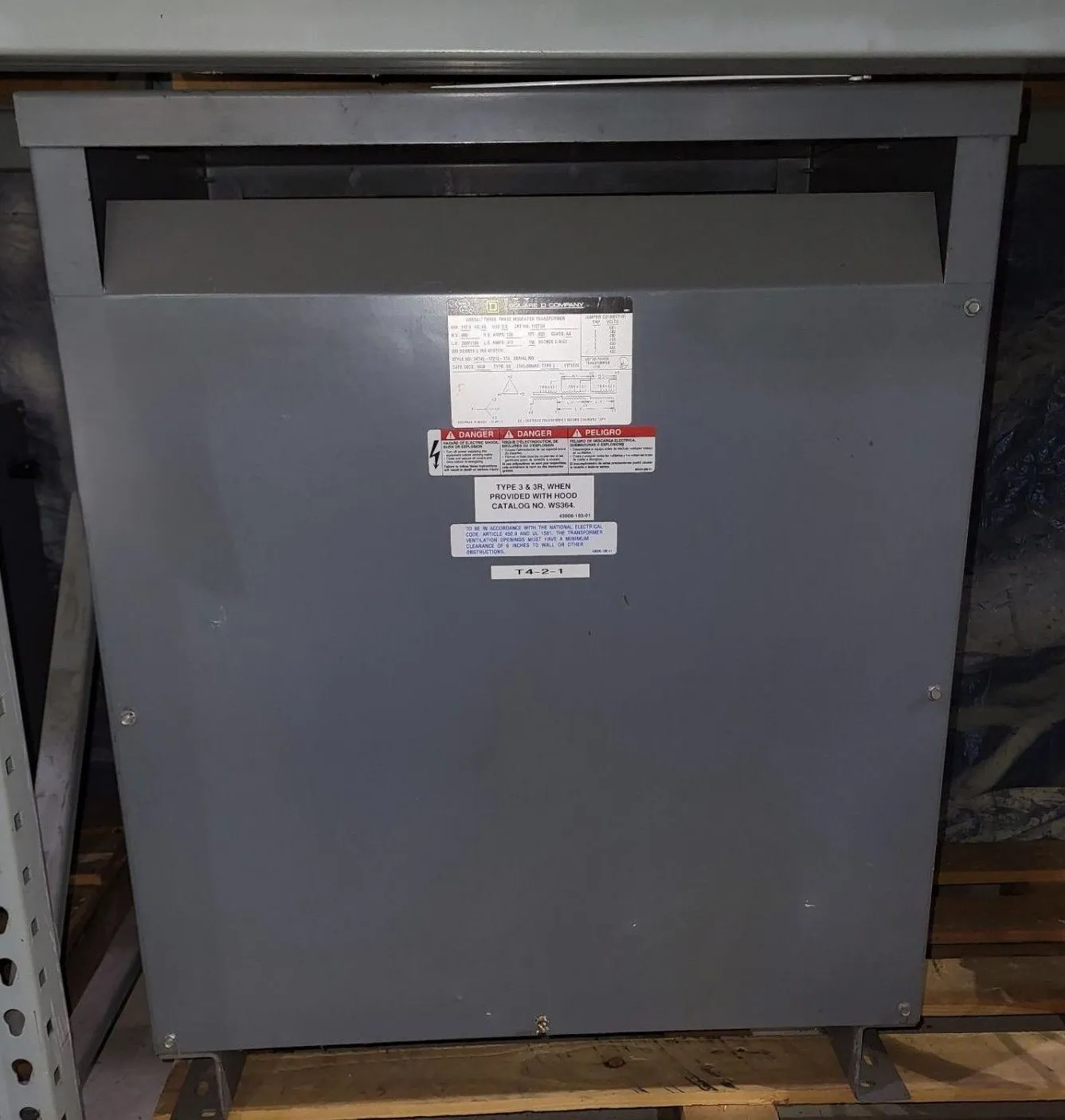 112.5 KVA 480 Delta Primary, 208Y/120 Secondary, Square D Sorgel 112T3H, dry type transformer, copper coils
