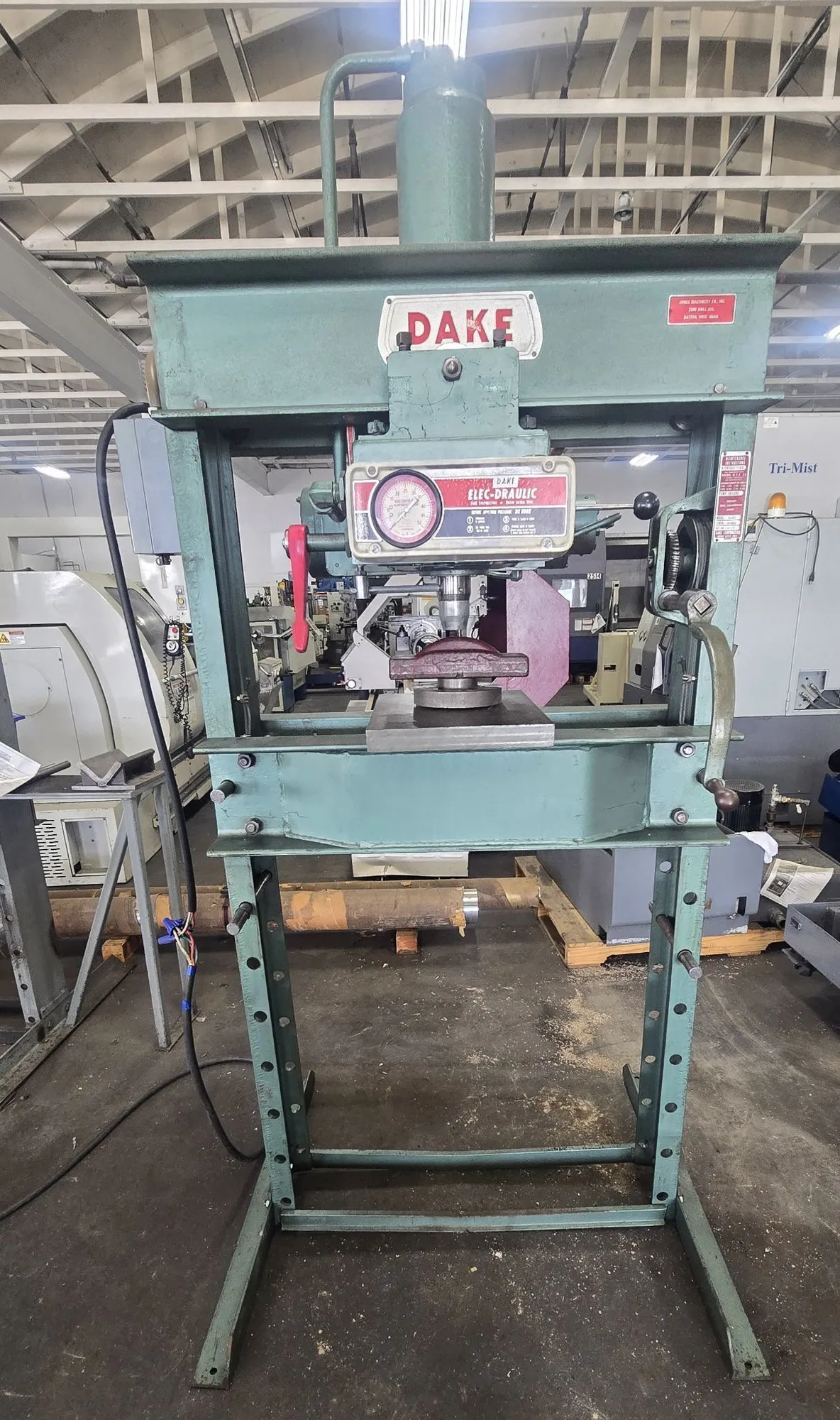 Image for 50 Ton, Dake #5-050, Elec-Draulic H-Frame press, 10" ram travel, 5" to 40" ram to table, 32-3/4" between housing, 40 IPM advance, 2 HP, 220/440 V.