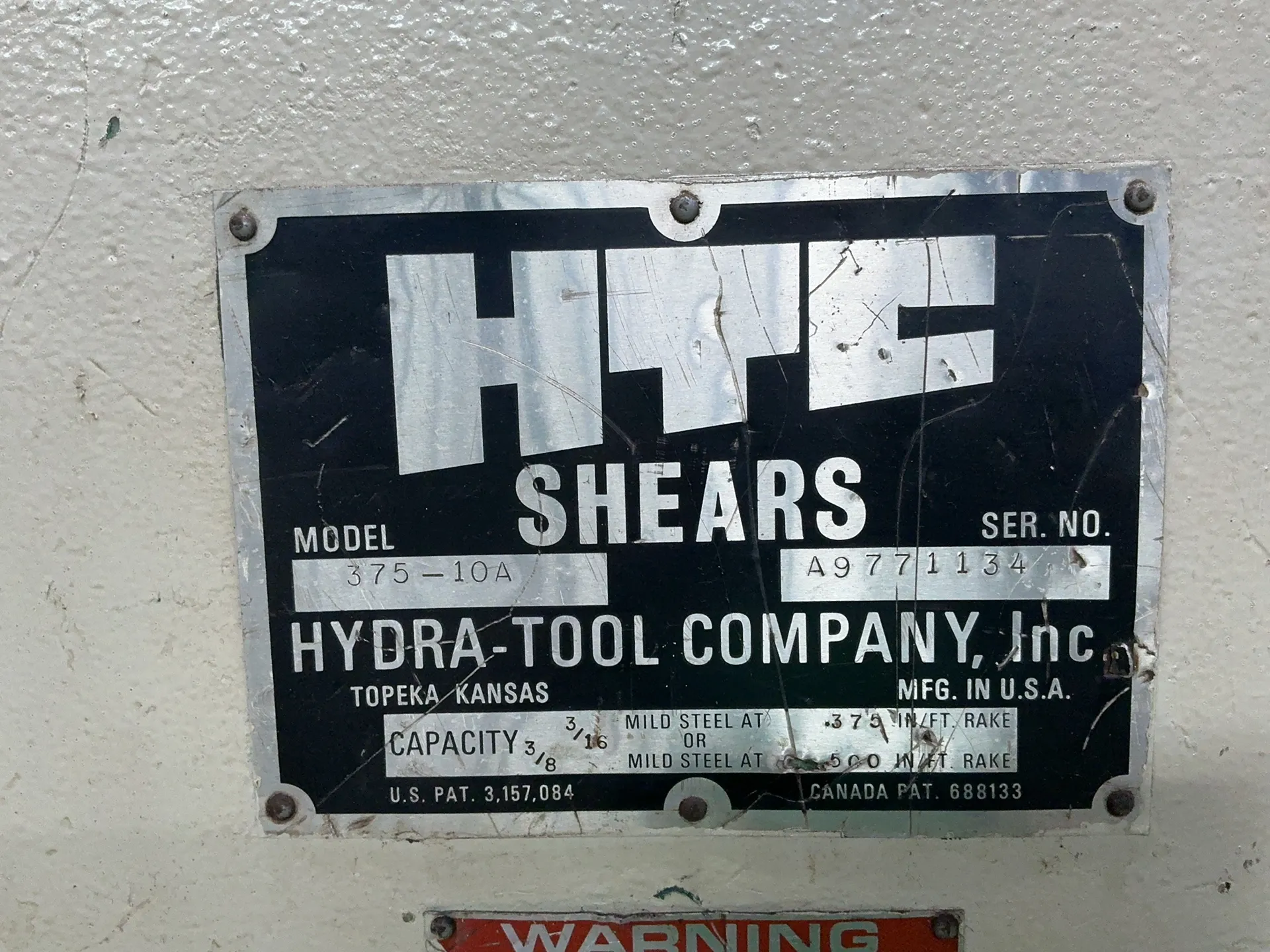 3/16" x 10' HTC #375-10A, Hydraulic Power Squaring Shear, 70/35 Amps
