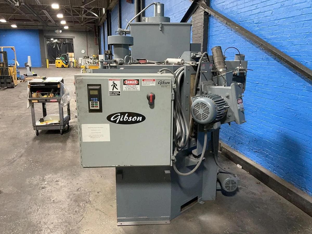 36" Gibson #TAB, rotary table shot blast machine, 5 HP oscillating blast wheel, VFD, PLC controls, dust