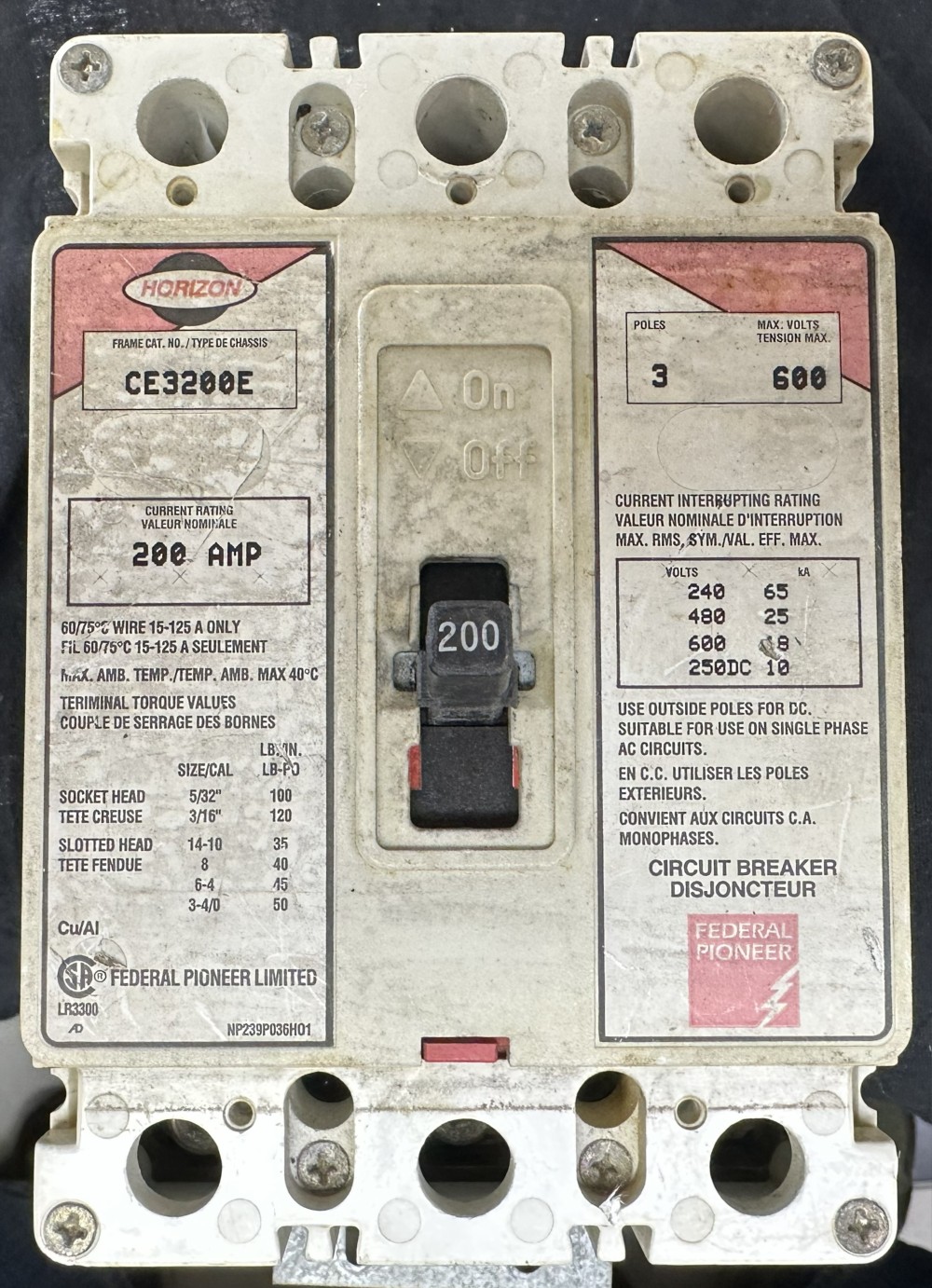 Federal Pioneer Ltd., (Horizon Series) 200A, 3-Pole, 600V, Molded Case Circuit Breaker, CSA