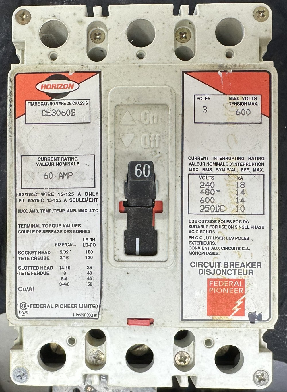 Federal Pioneer Ltd., (Horizon Series) 60A, 3-Pole, 600V Max., Molded Case Circuit Breaker