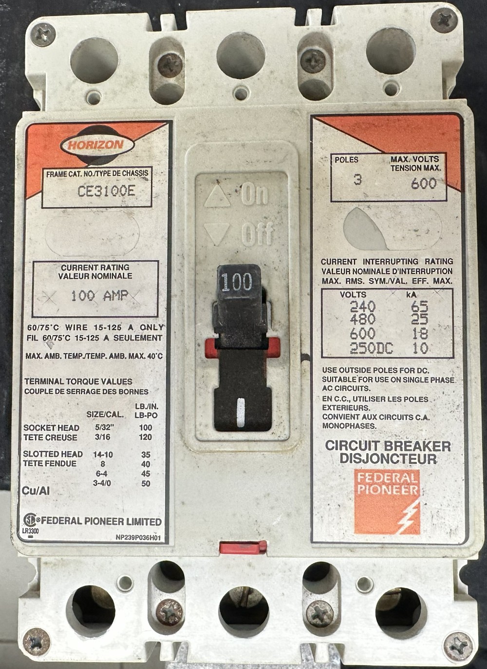 Federal Pioneer Ltd., (Horizon Series) 100A, 3-Pole, 600V Max., Molded Case Circuit Breaker