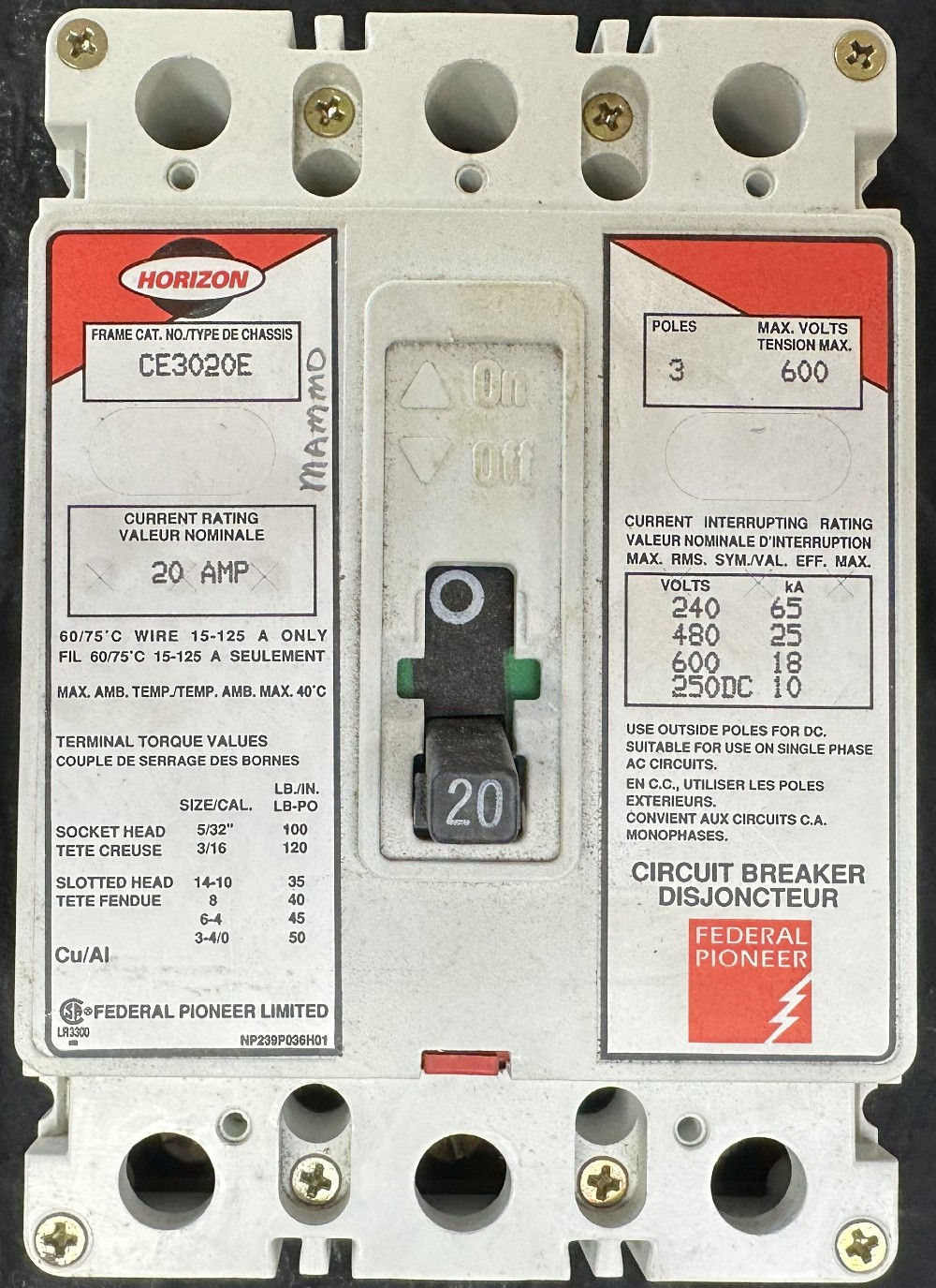 Federal Pioneer Ltd., (Horizon Series) 20A, 3-Pole, 600V Max., Molded Case Circuit Breaker