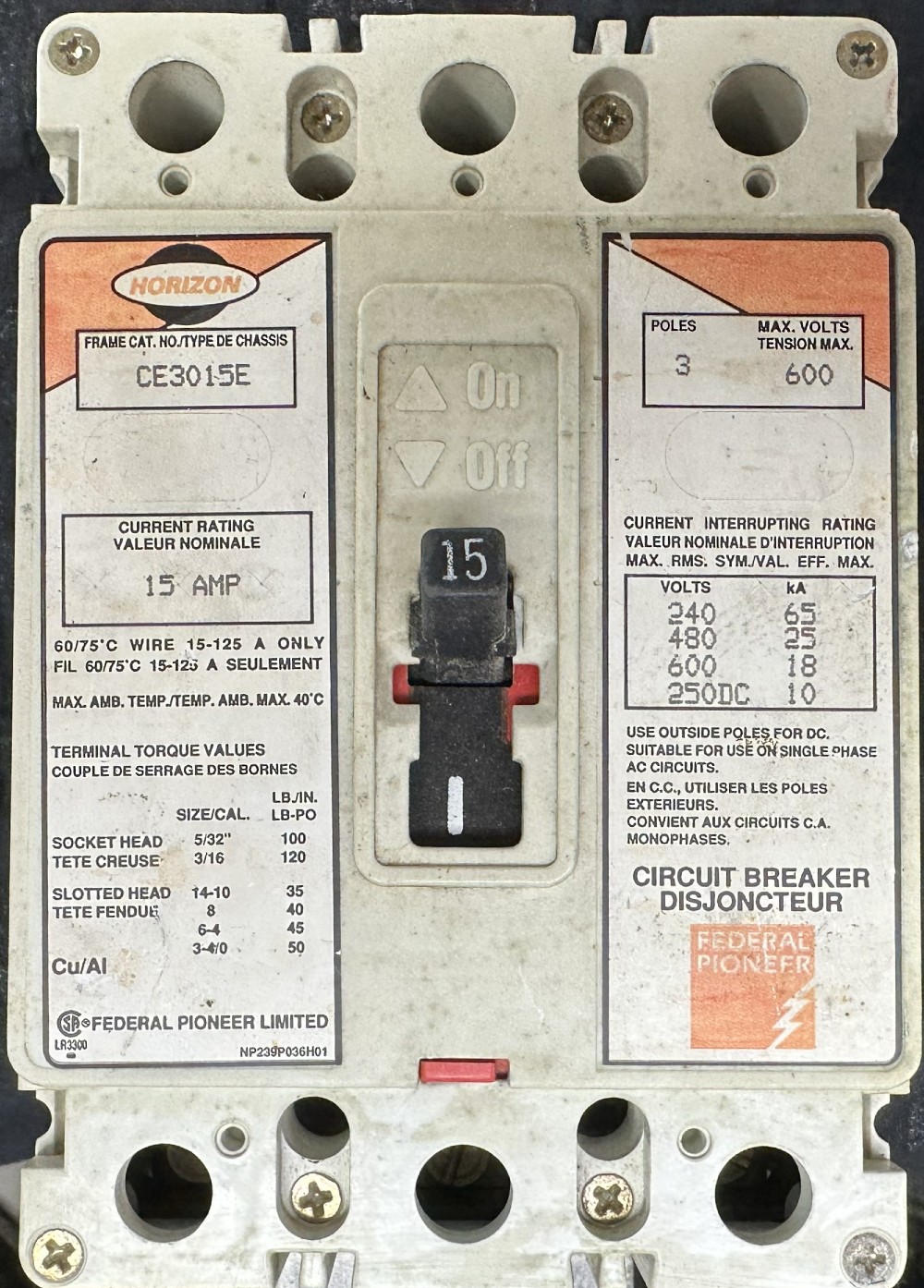 Federal Pioneer Ltd., (Horizon Series) 15A, 3-Pole, 600V Max., Molded Case Circuit Breaker