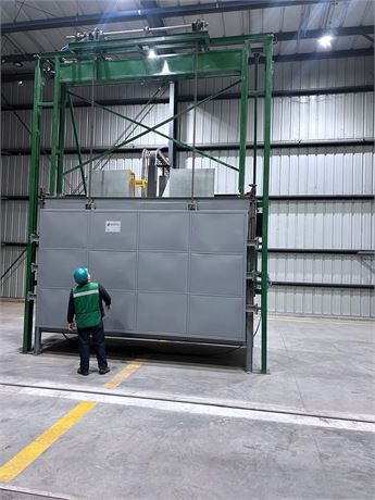 130" width x 63" H x 59" D Prefinsa #HR-4AC-330-8/250-PE, walk-in oven, 527°F max., 100 kW, 282 cu.ft., 4