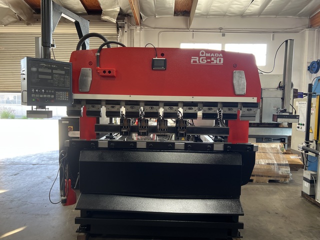 55 Ton, Amada #RG-50, CNC press brake, 6.8' overall, 59.84" between housing, 3.9" stroke, 14.57" open, 5 HP