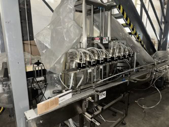 Accutek #APOF-6, Automatic Pressure Overflow Liquid Filling Line, 4-head, (2) 48" turntables, FR-900 band