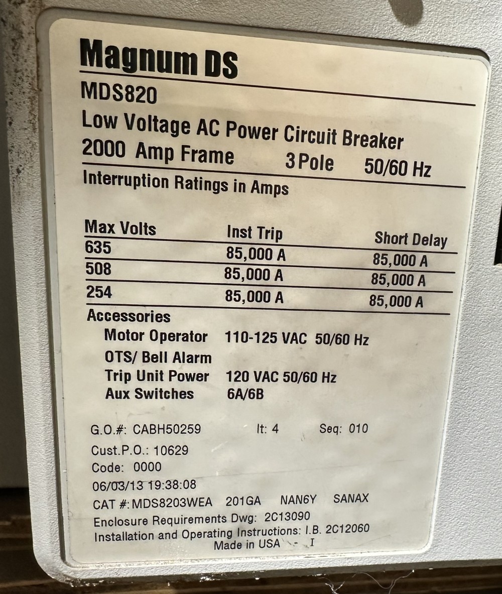 Eaton (Magnum DS), MDS820, Max Voltage 635V, Digitrip 1150+, Draw-Out Power Circuit Breaker
