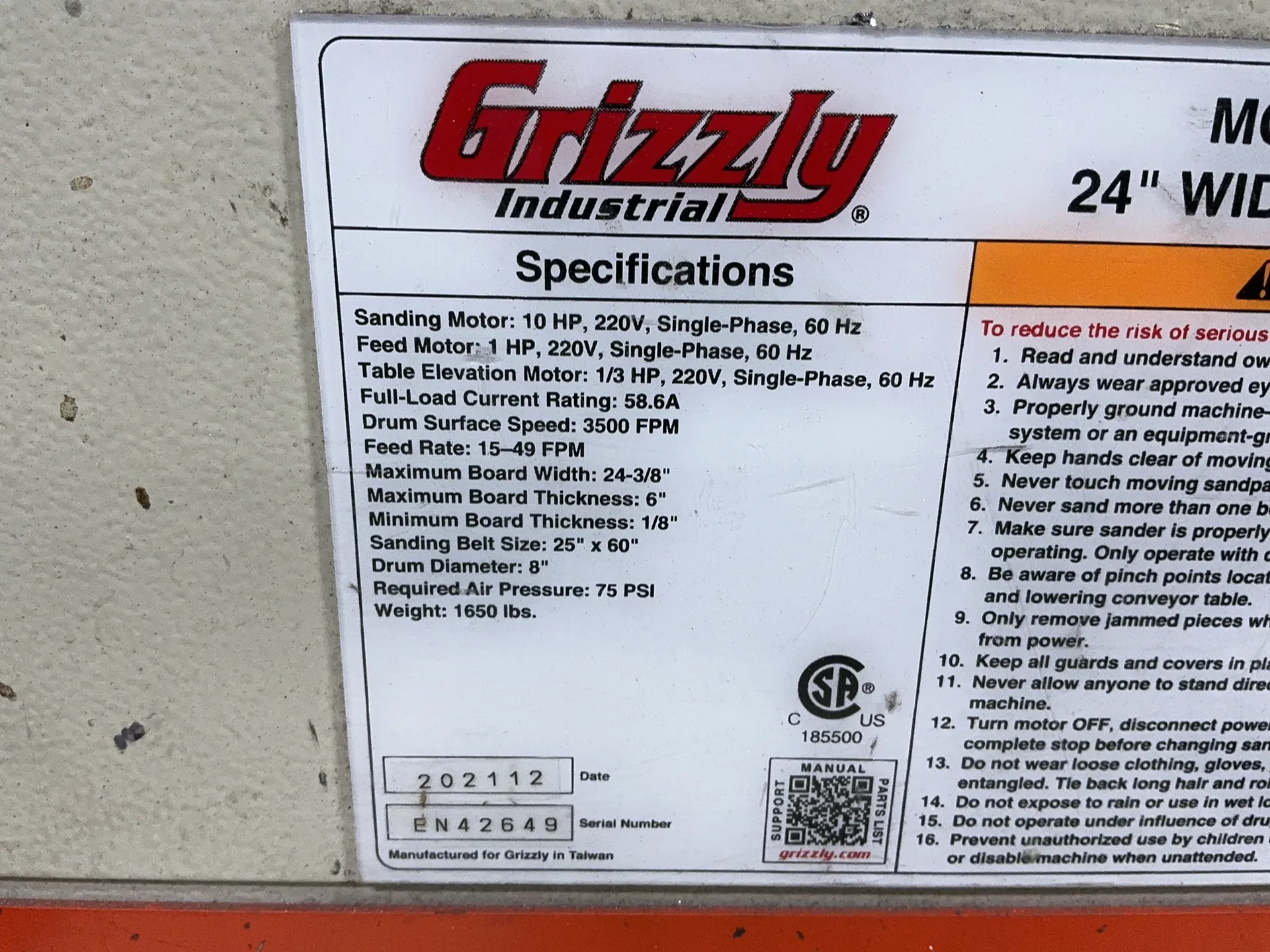 24" Grizzly Industrial #G9962Z, wide belt sander, 10 HP, 58.6 A, 75 PSI, 2021