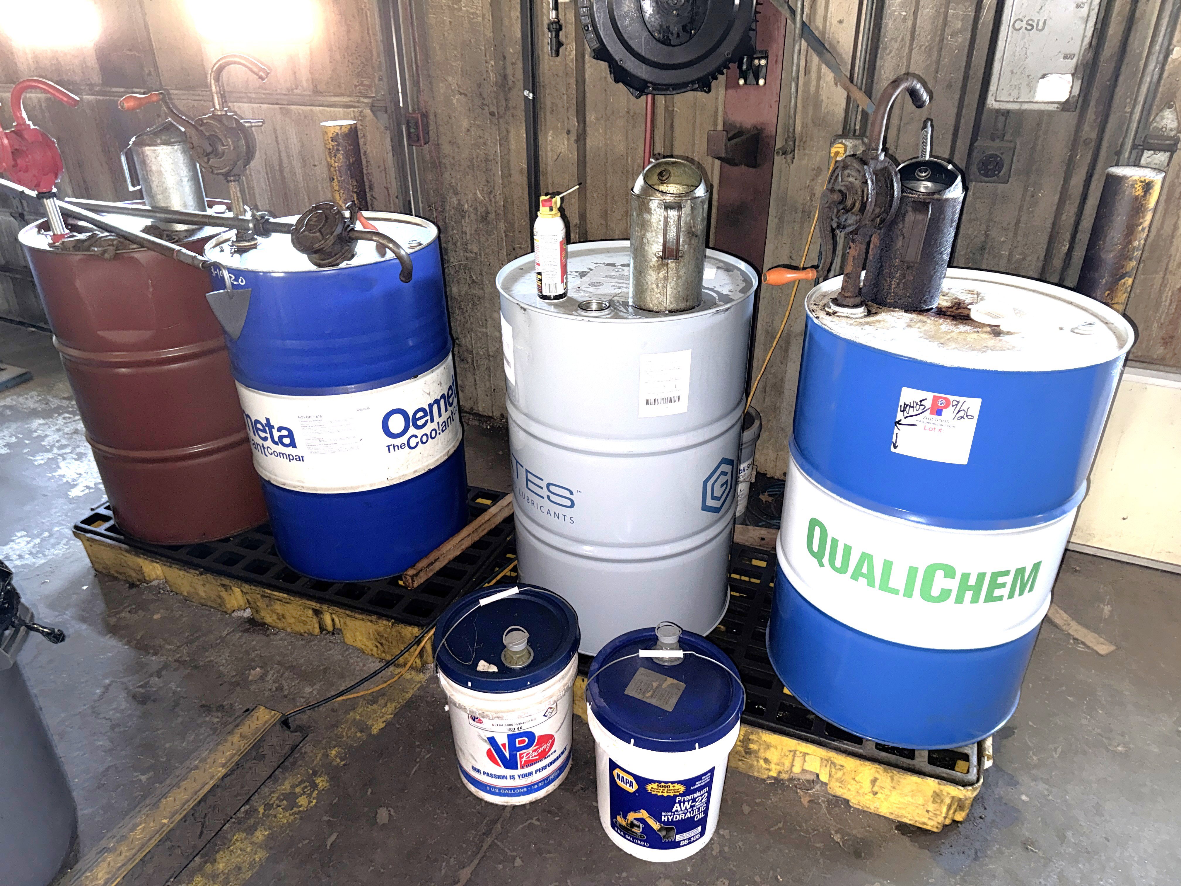 Section w/ (4) 55 Gallon Drums and 5 Gallon Pails of Machining Coolant Lubricants, Hand Pumps, Catch Pans
