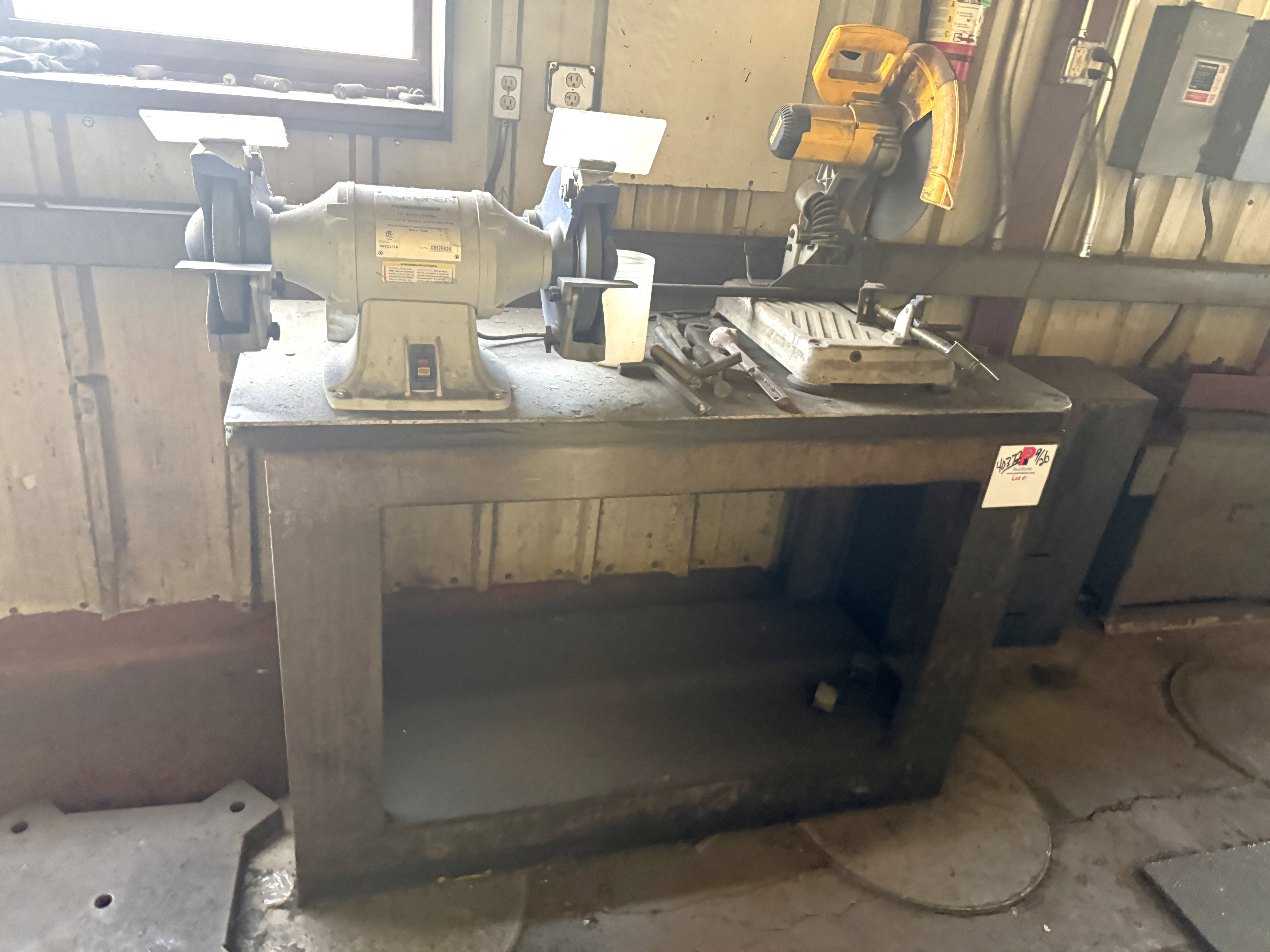 10" Palmgren, Bench Grinder, w/ DeWalt 14" Chopsaw and 5' x 2' x 3' Work Bench