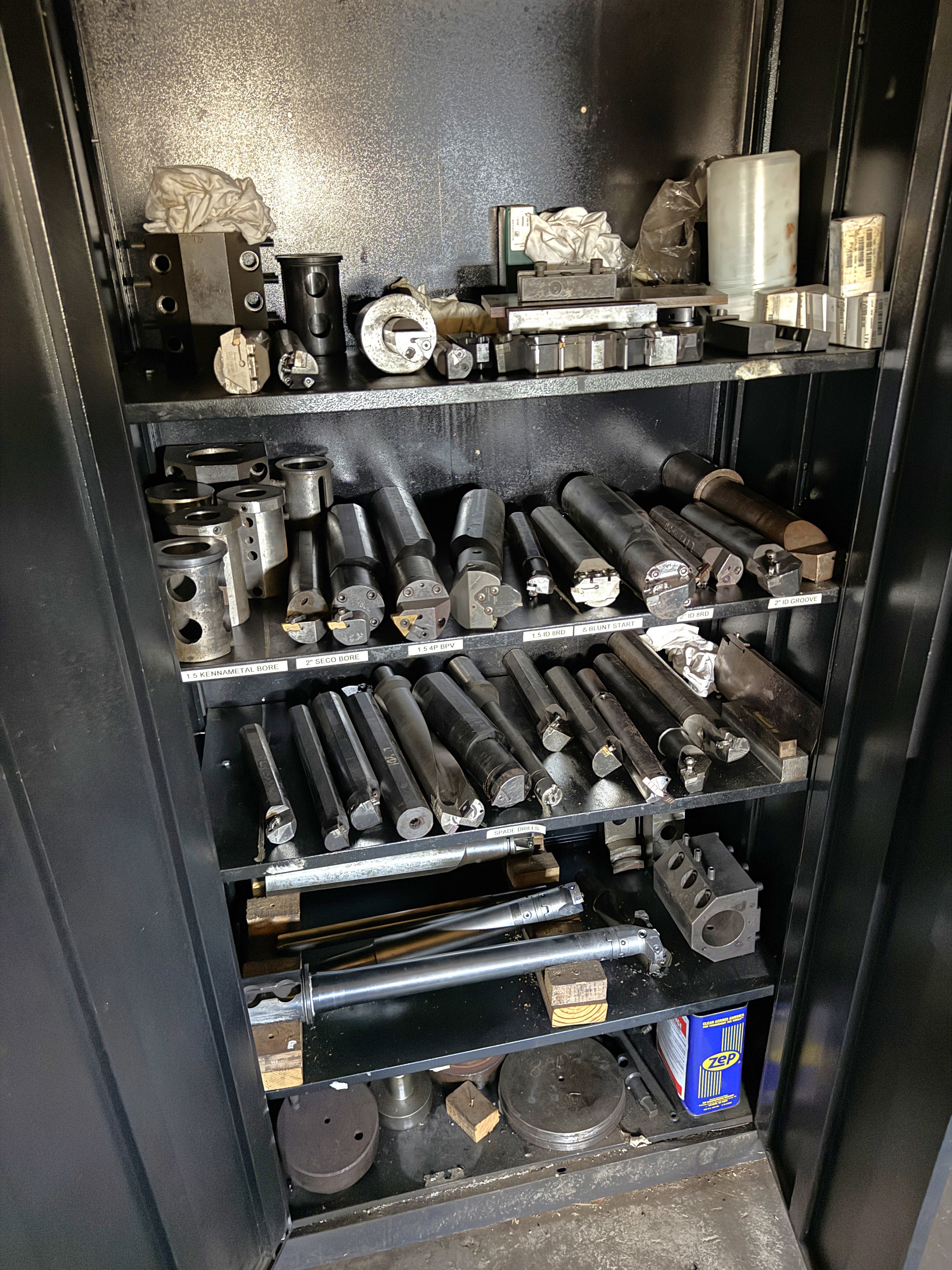 Cabinet w/ 30 Plus CNC Lathe Cutting Tools, Adapters, Jaws, Bars and Related