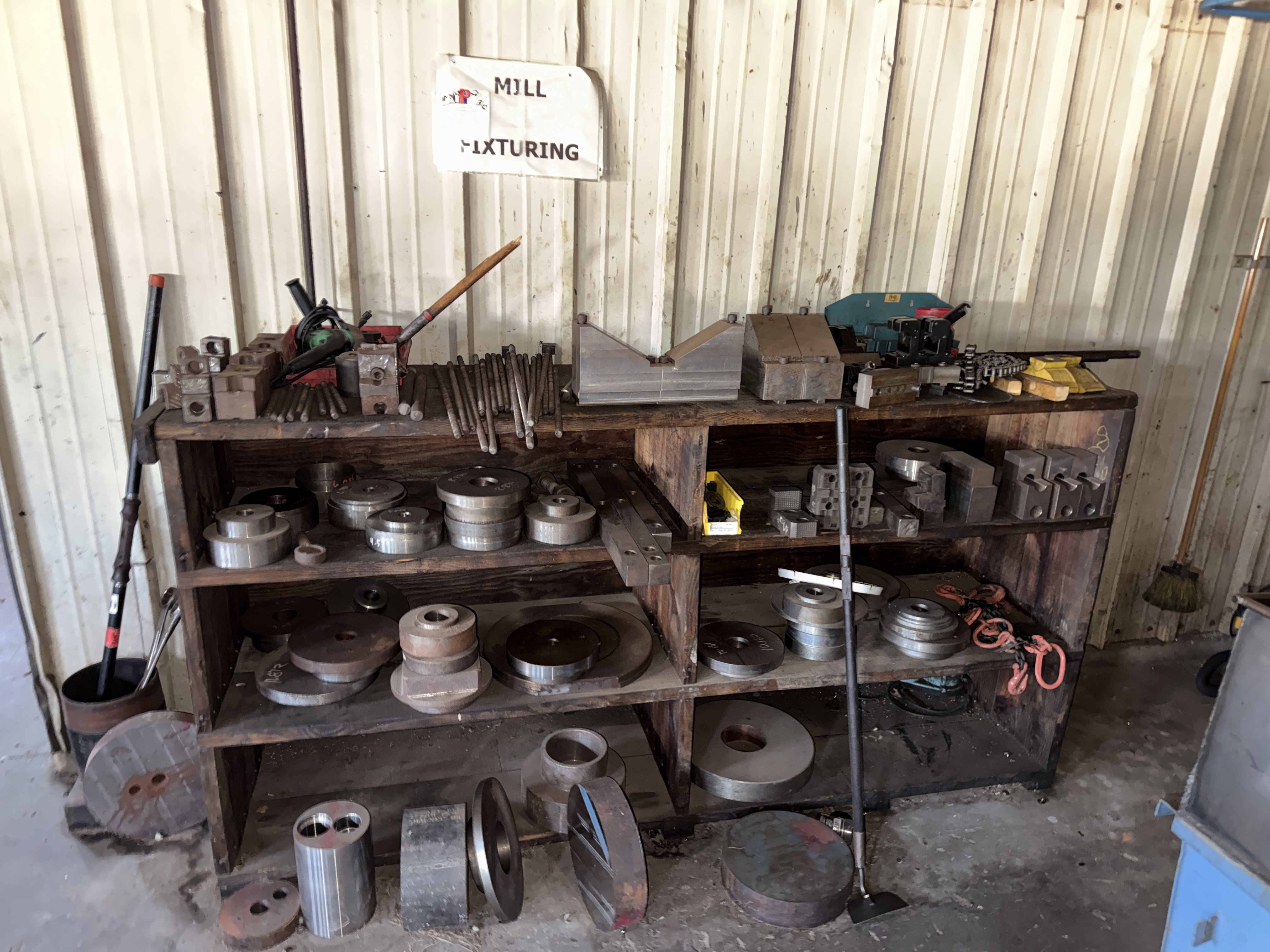 Wall w/ 3-Row Wood Shelf and Milling Machine Fixtures, Adapters and Related