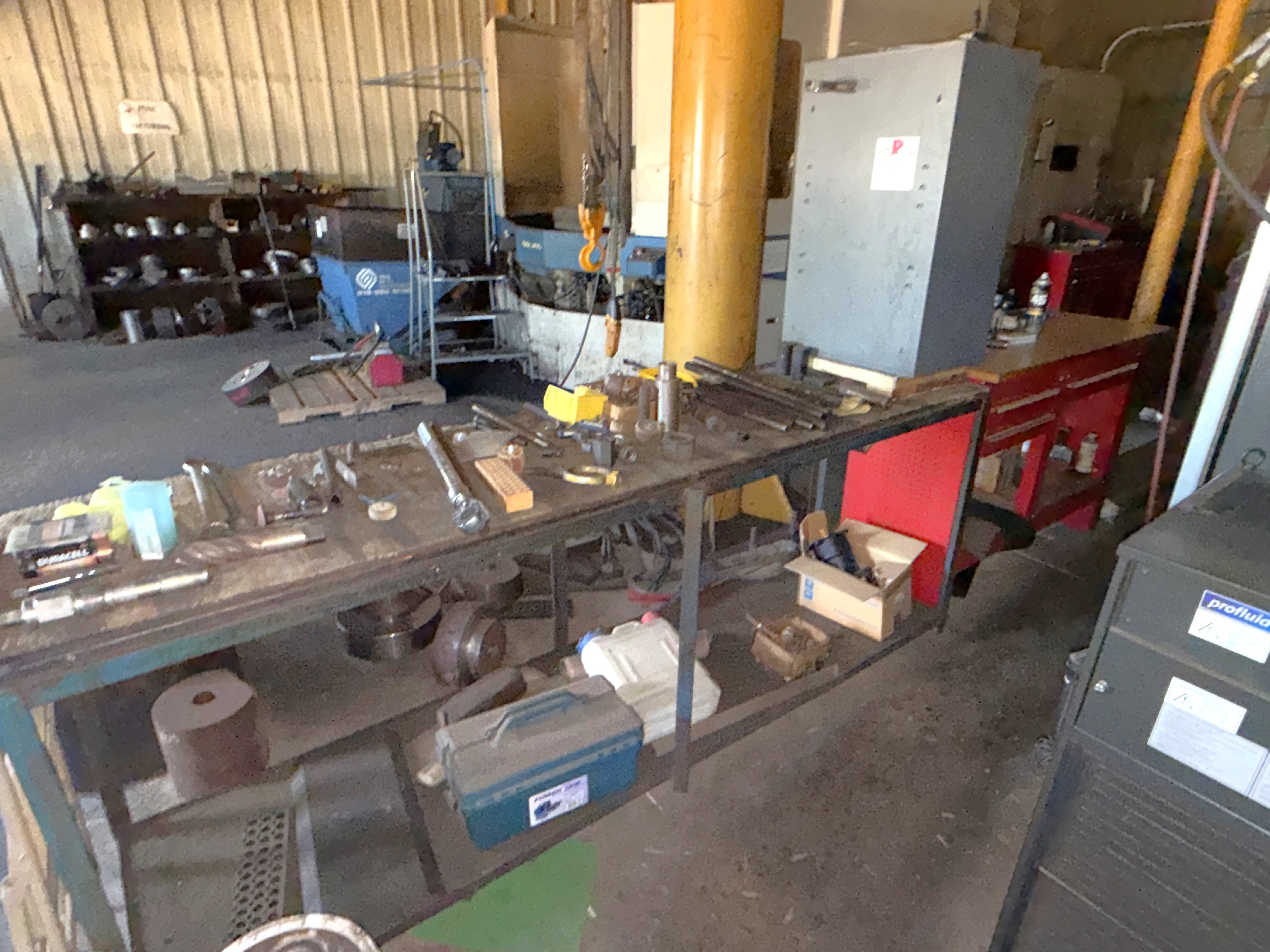 Section w/ (2) Work Benches, Metal Cabinet, Machine Cutting Tools, Hand Tools and Related