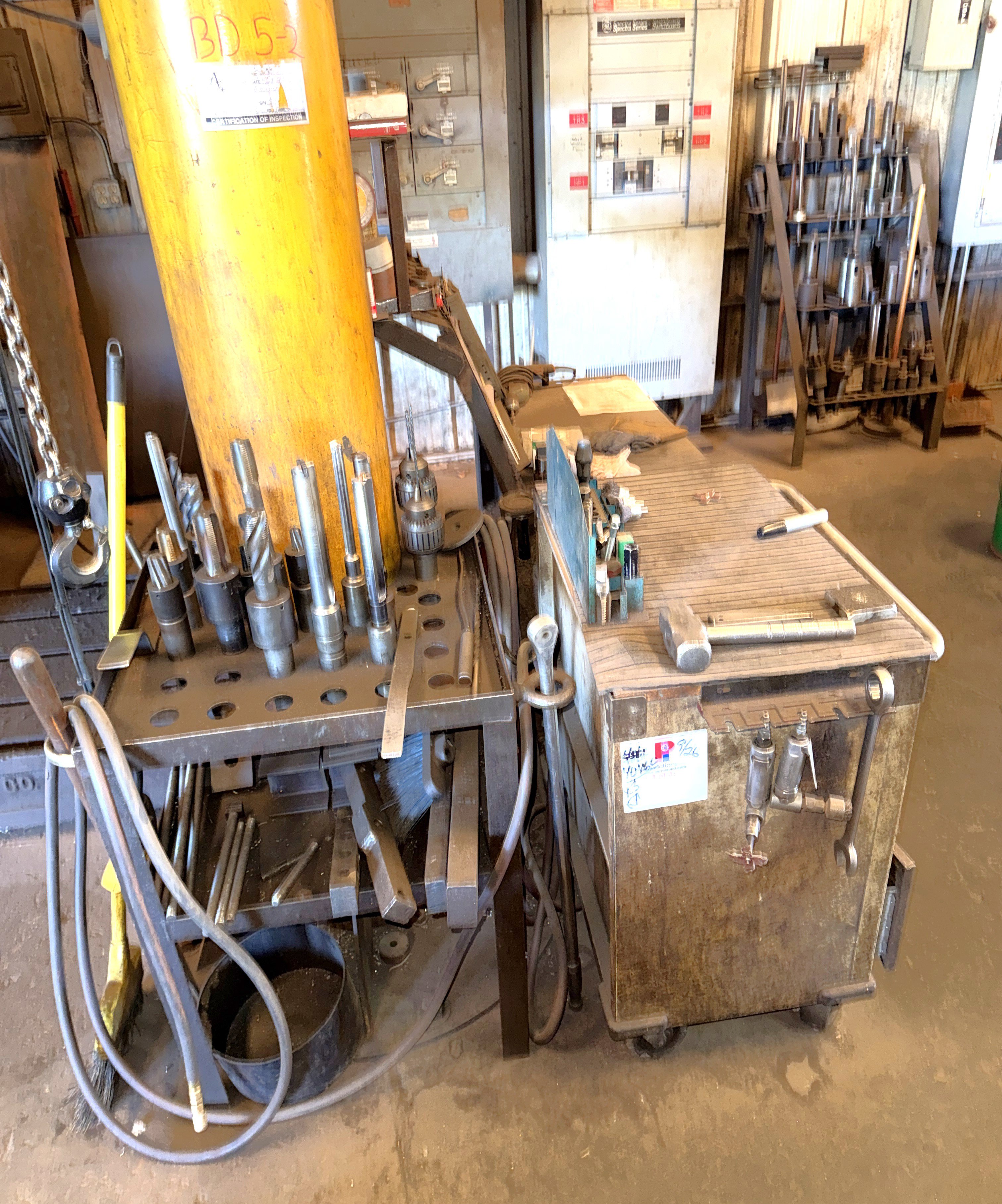 Section of (4) Tool Racks, Tables and Rolling Cart w/ Radial Arm Drill Press Tooling and Related