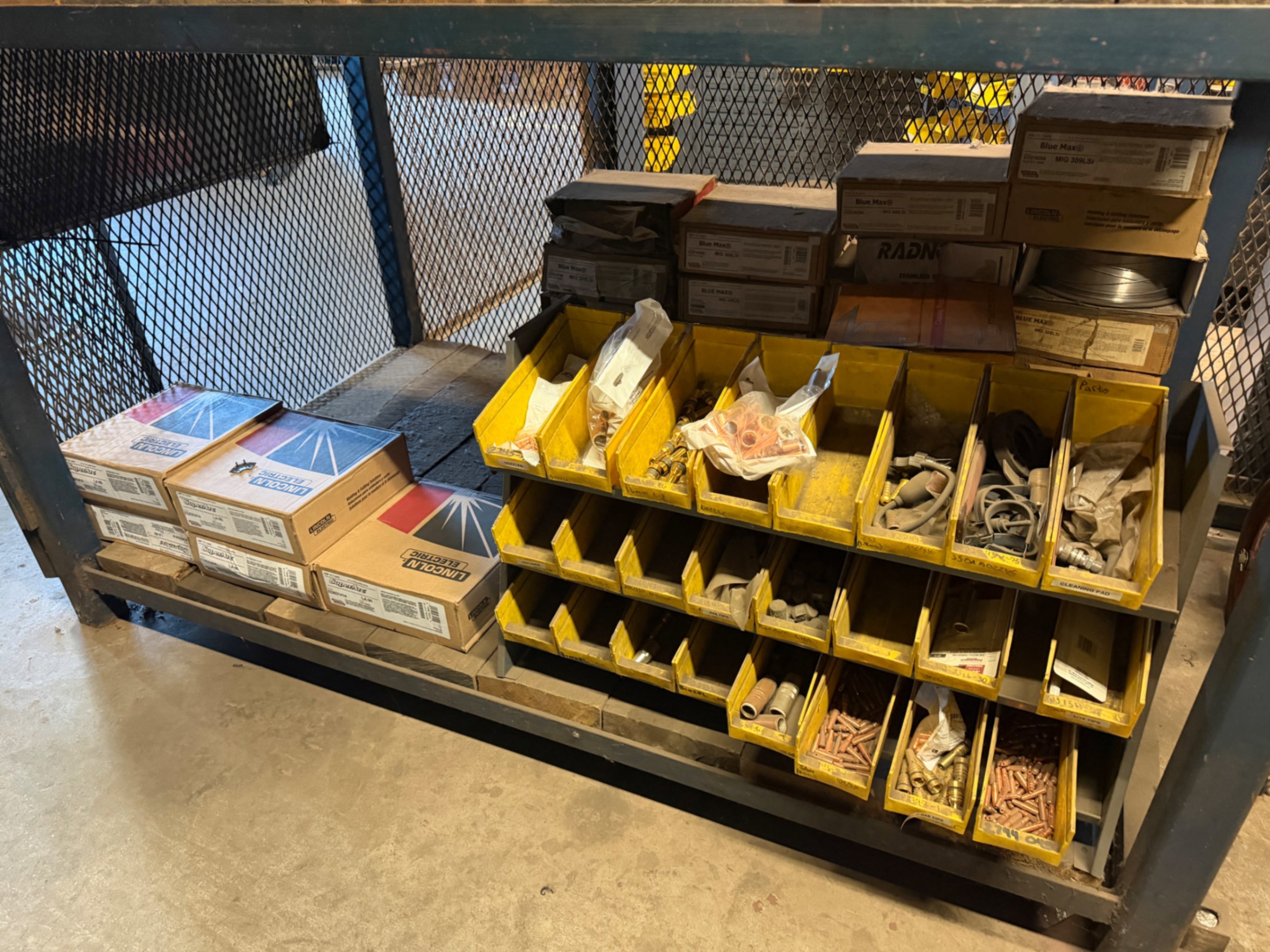 shelves w/ 30 plus boxes of lincoln welding wi, Gun Tips, Nozzles and Supplies