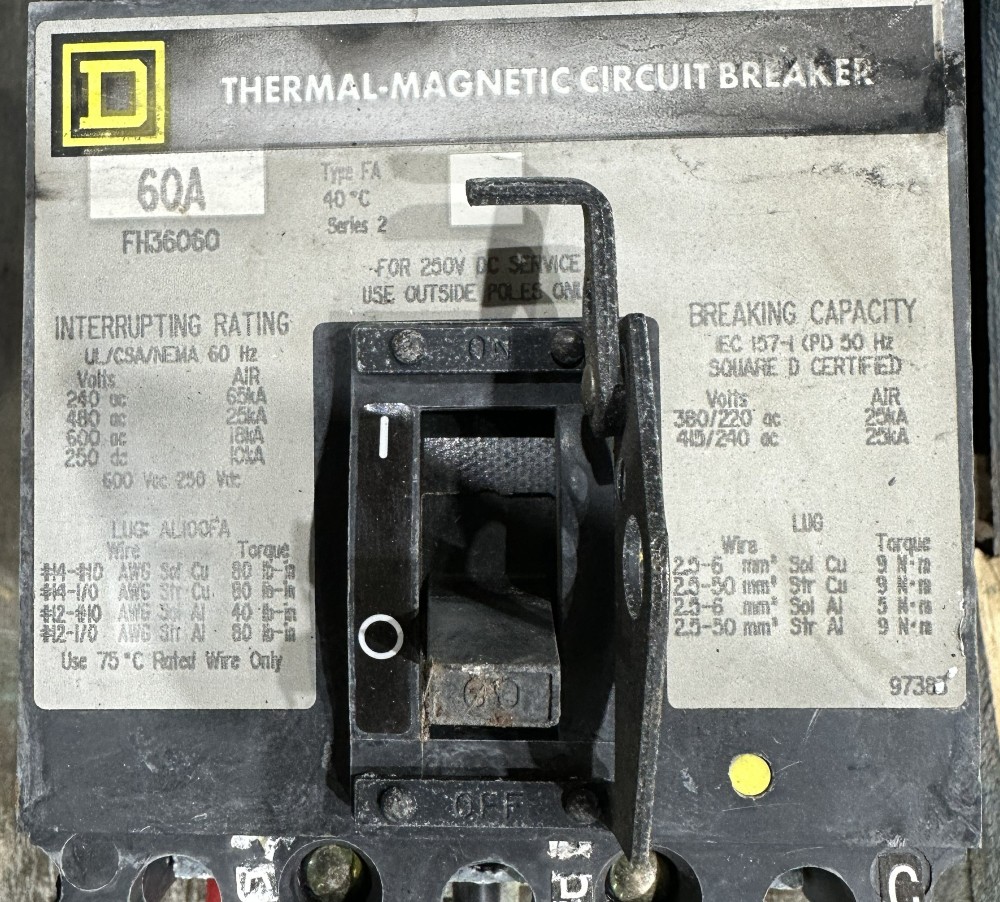 60 amps, Square D, FH36060, Thermal Magnetic Circuit Breaker, 3-Pole, 600 Volts, Type FA, Series 2