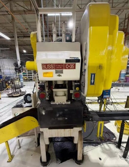 35 Ton, Bliss, OBI Flywheel Single Crank Press, 3" stroke, 2.5" ram adjustment, 10.75" shut height, 32" x 21"