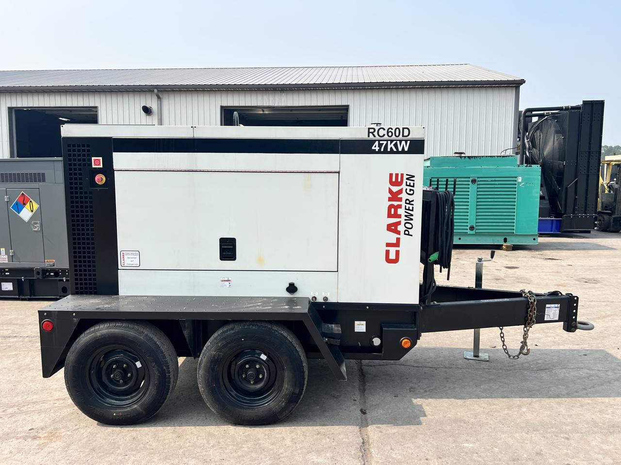 47 KW Doosan/Clarke Power Gen #G60, diesel generator set, 120/480 Volts, John Deere 4045TF290 engine, trailer