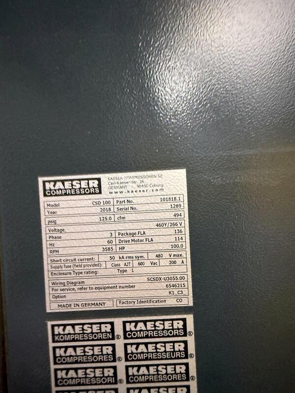 494 cfm, 125 psig, Kaeser #CSD-100, Rotary Screw Air Compressor, air cooled, 100 HP, 3585 RPM, 460Y/266 Volt