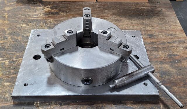 10" Bison, 3-jaw lathe chuck, plain back, 3-1/4" thru hole, w/ chuck key & 16-5/8" x 12" x 1-1/4" plate