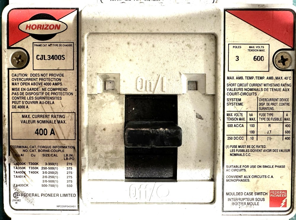 400 Amp. Federal Pioneer, Horizon Series, Molded Case Switch, Disconnect, 3-Pole, 600 Volts