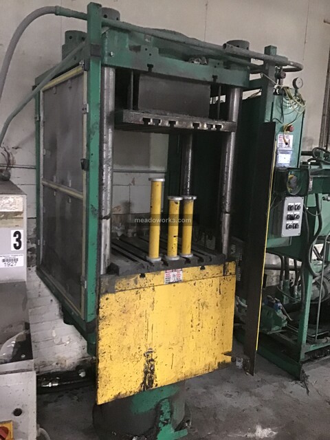 206 Ton, Lawton, 4-Post Up-Acting Hydraulic Press, 18" stroke, 28.5" x 24" bed, 14.5" bore, 2500 psi