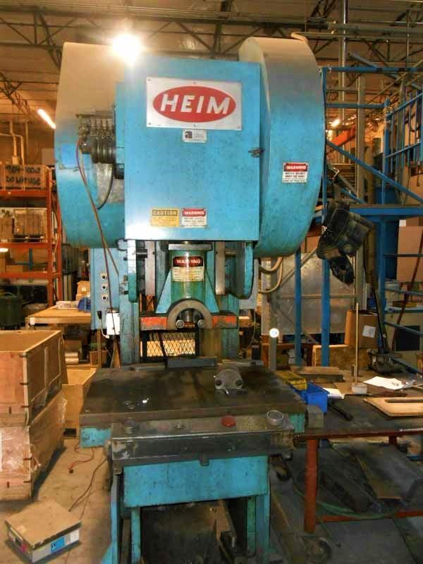 120 Ton, Heim #12-OBI-BG, back geared OBI punch press, 3" stroke, 14" shut height, 4" ram adj., 45 SPM, 30" x