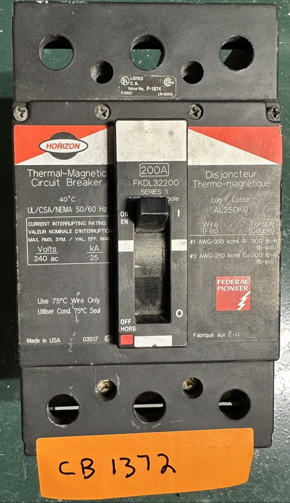 200 Amps, Federal Pioneer, Horizon Series, Molded Case Circuit Breaker, 3-Pole, Fixed / No Adjustable Trip