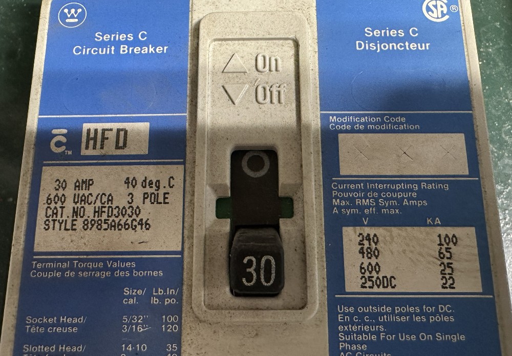 30 Amps, Westinghouse, C-Series, Molded Case Circuit Breaker, 3-Pole, Fixed / No Adjustable Trip