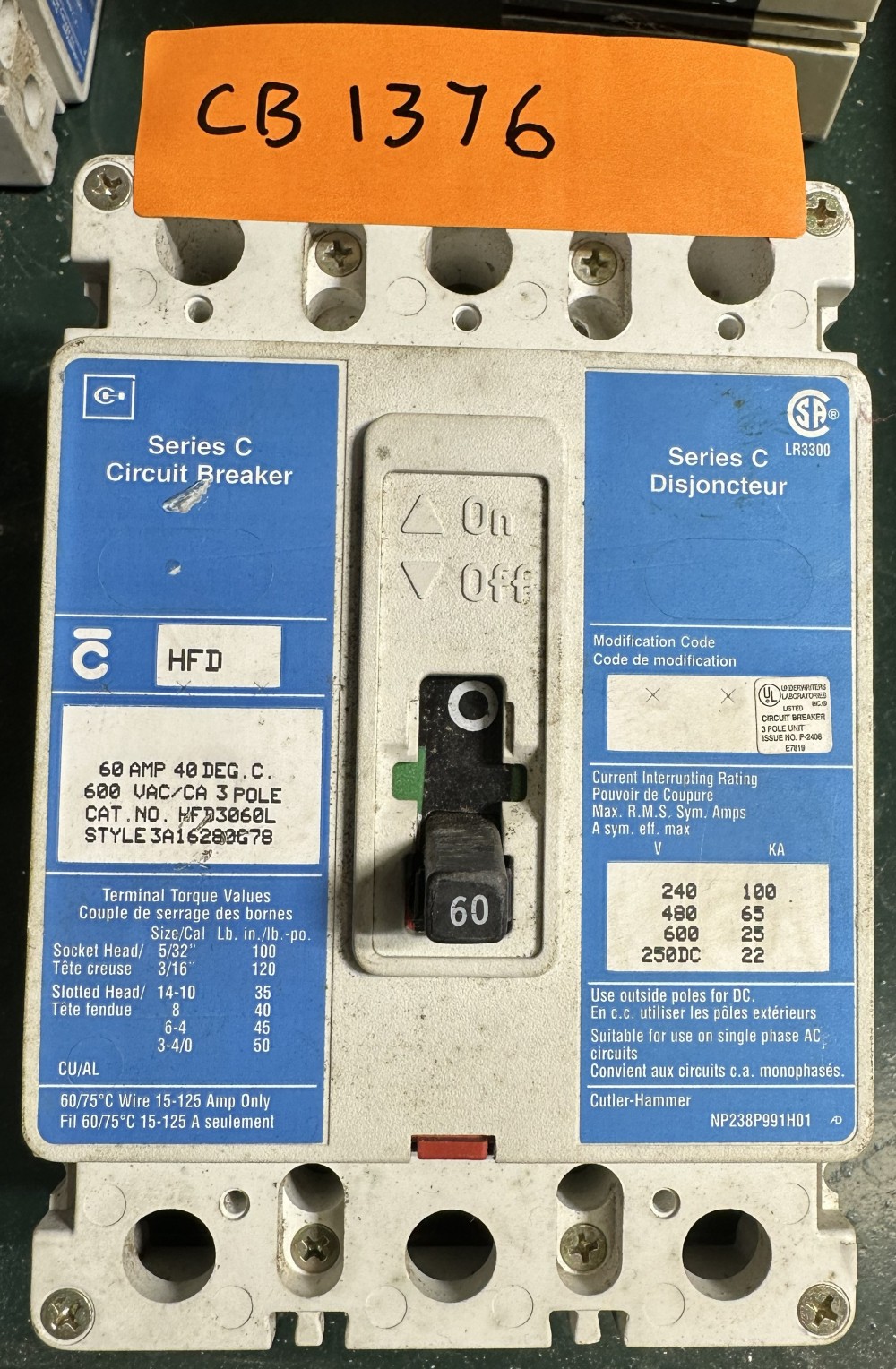 60 Amps, Cutler-Hammer, C-Series, Molded Case Circuit Breaker, 3-Pole, Fixed / No Adjustable Trip