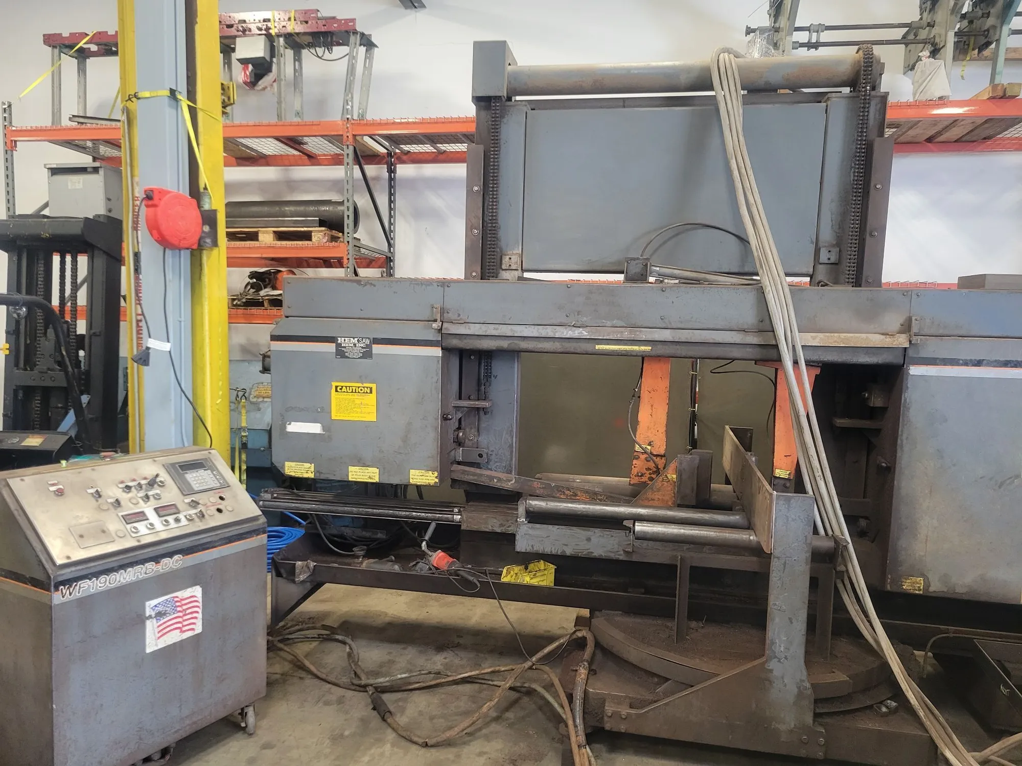 25" x 44" HEM #WF190MRB-DC, semi-automatic mitering horizontal band saw, 375" x 2" blade, 15 HP, 220 V., 3