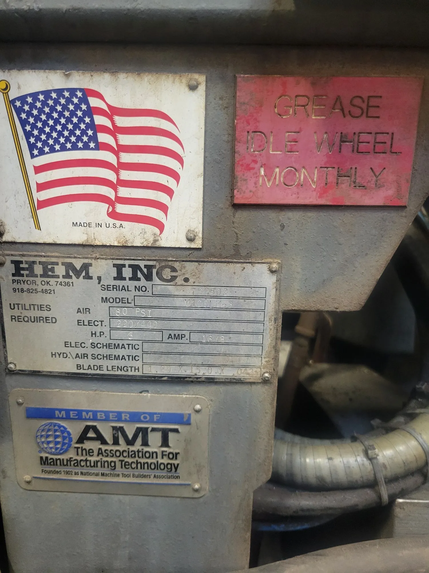 HEM #V100LM-3, vertical mitering band saw, 180" x 1.25" blade, 5 HP, refurbished, 2002