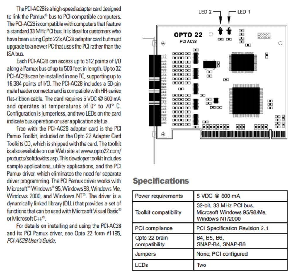 Opto 22 PCI-AC28 Pamux Adapter Card, NEW