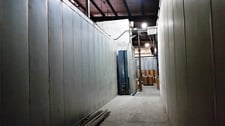 84' L Powder coating dry-off oven, 24" W x 72" H part opening, gas fired, 15' H oven panels
