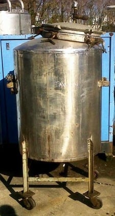 125 gallon Lee, Stainless Steel tank, portable on wheels, 32" dia x 36" straight side, top manway for easy