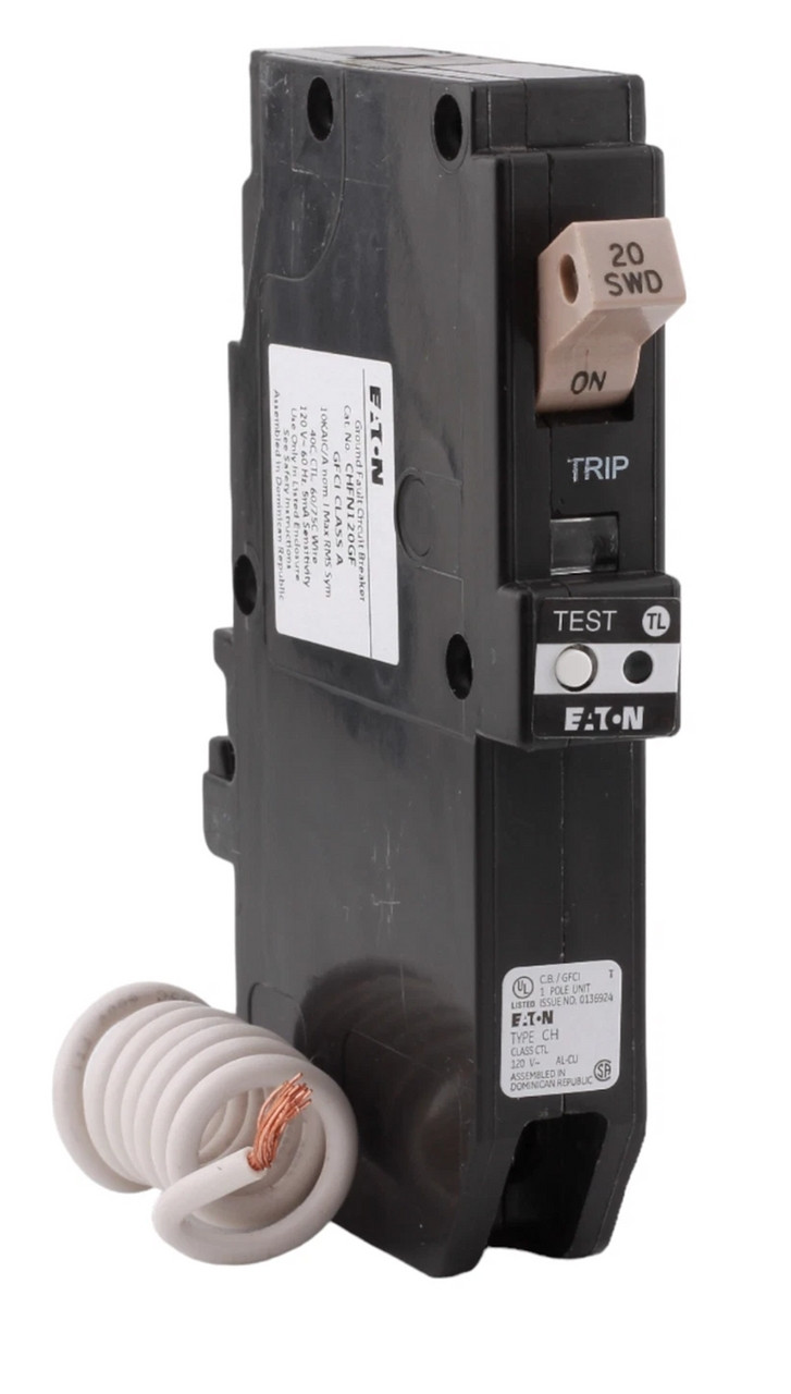 Eaton CHFN120GF GFCI Circuit Breaker, Type Cutler-Hammer, 20A, 10 kAIC, Pigtail, NEW