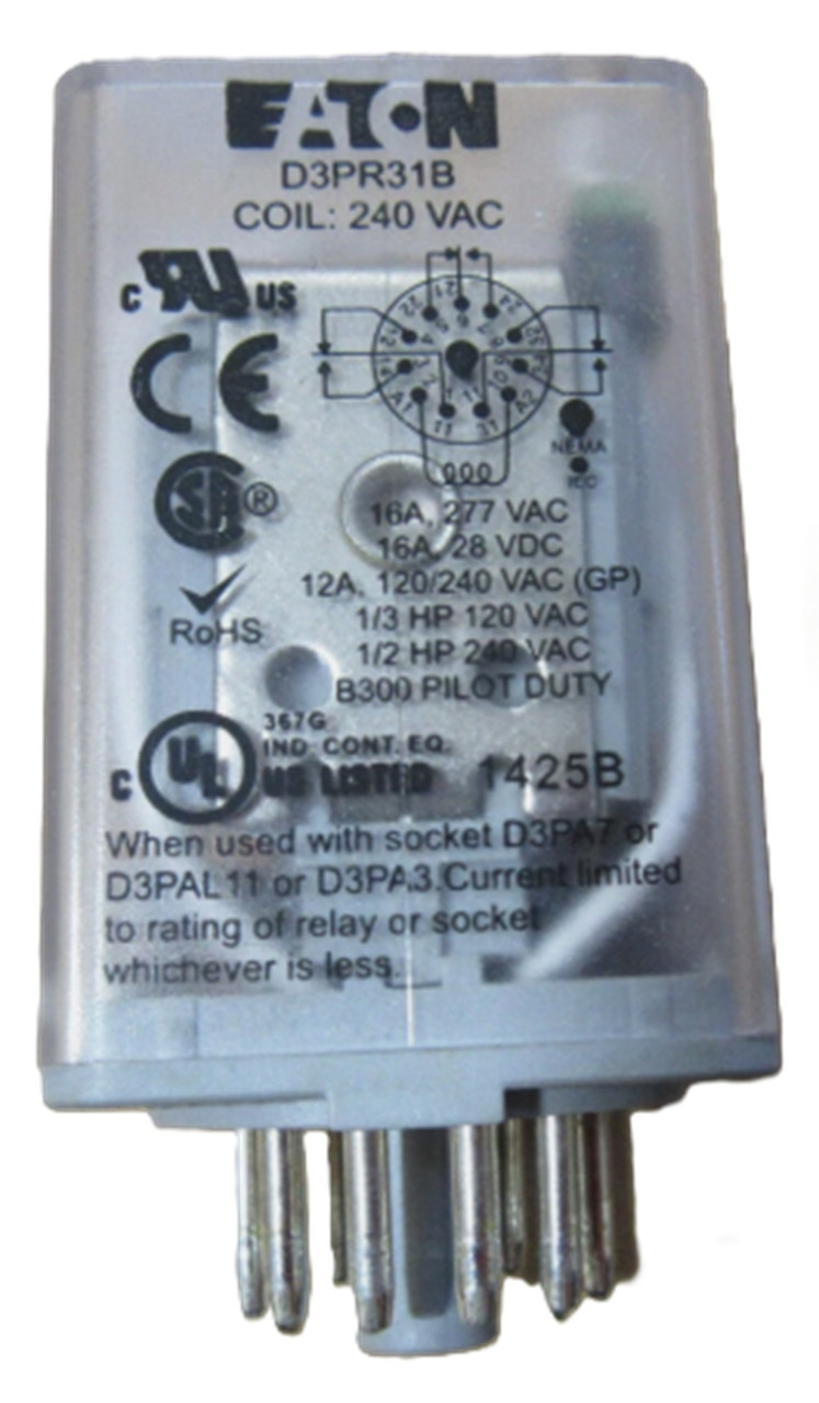 Eaton D3PR31B General Purpose Plug-In Relay, 11 Pins, 3PDT, NEW