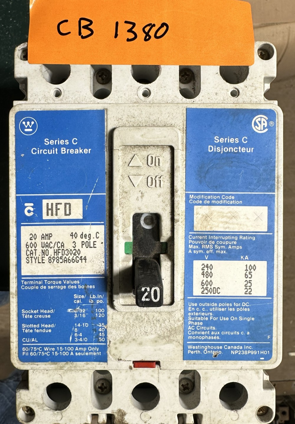 20 Amps, Westinghouse, Series C, 3-Pole, Molded-Case Circuit Breaker, 600 Volts Max, Fixed-Trip