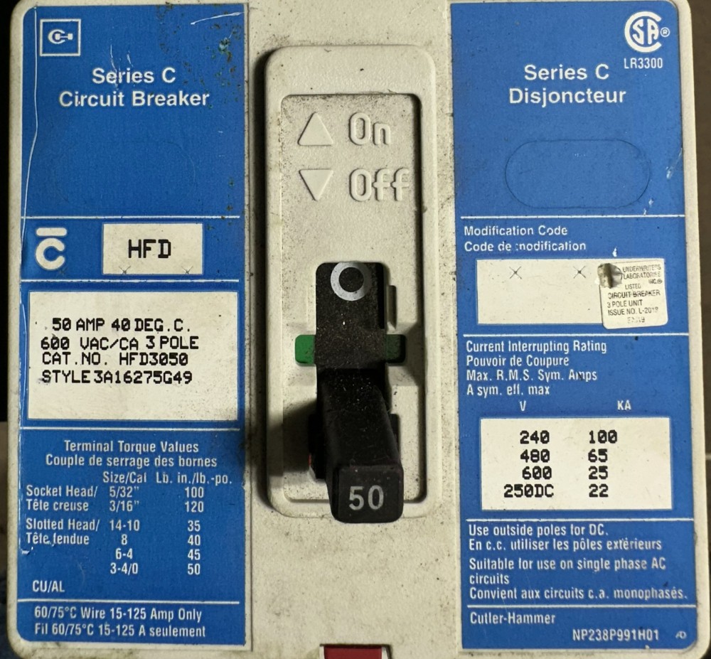 50 Amps, Cutler-Hammer, Series C, 3-Pole, Molded-Case Circuit Breaker, 600 V Max, Fixed-Trip