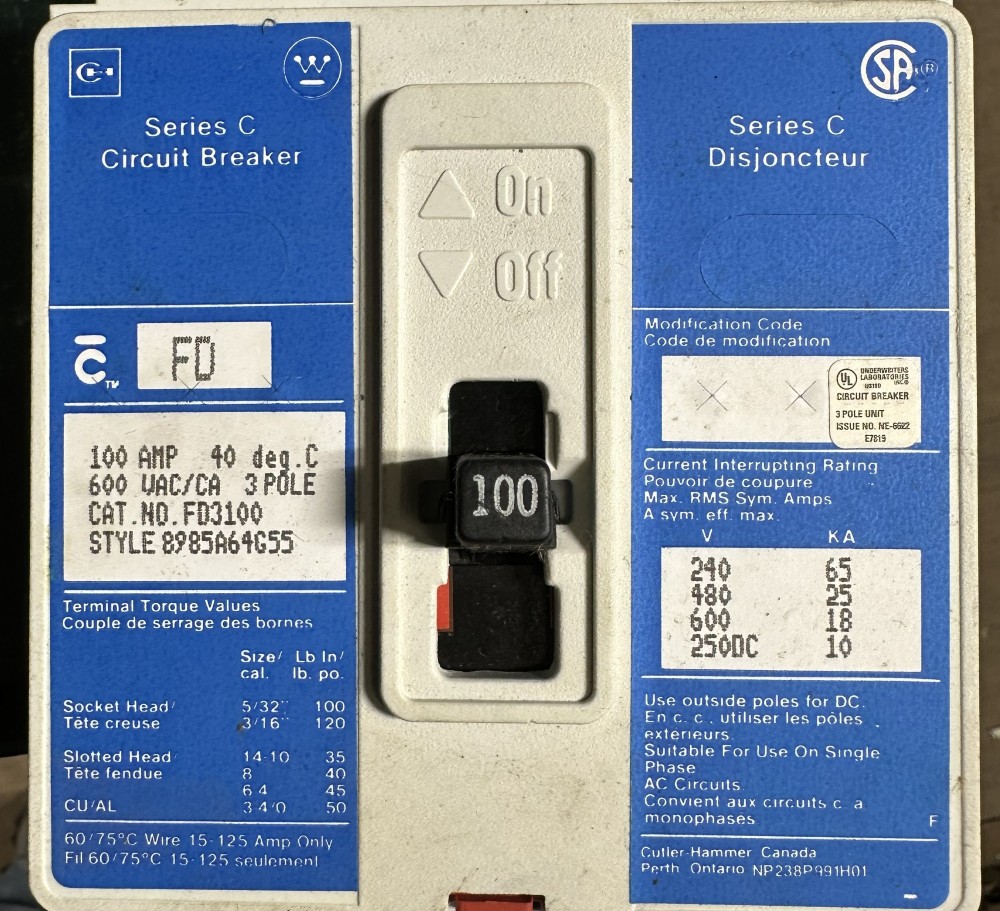 100 Amps, Cutler-Hammer, Series C, 3-Pole, Molded-Case Circuit Breaker, 600 V Max, Fixed-Trip
