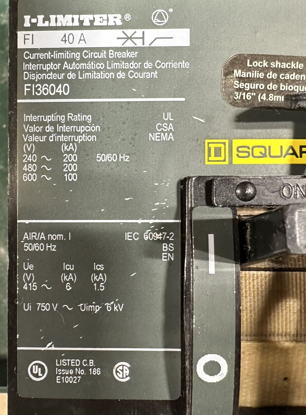 40 Amps, Square D, 3-Pole, Molded-Case Circuit Breaker, 600 V Max, Fixed-Trip